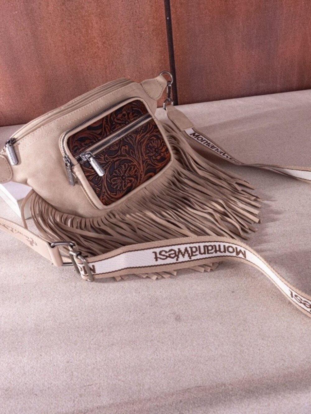 Montana West Floral Tooled Fringe Fanny Pack - Tan